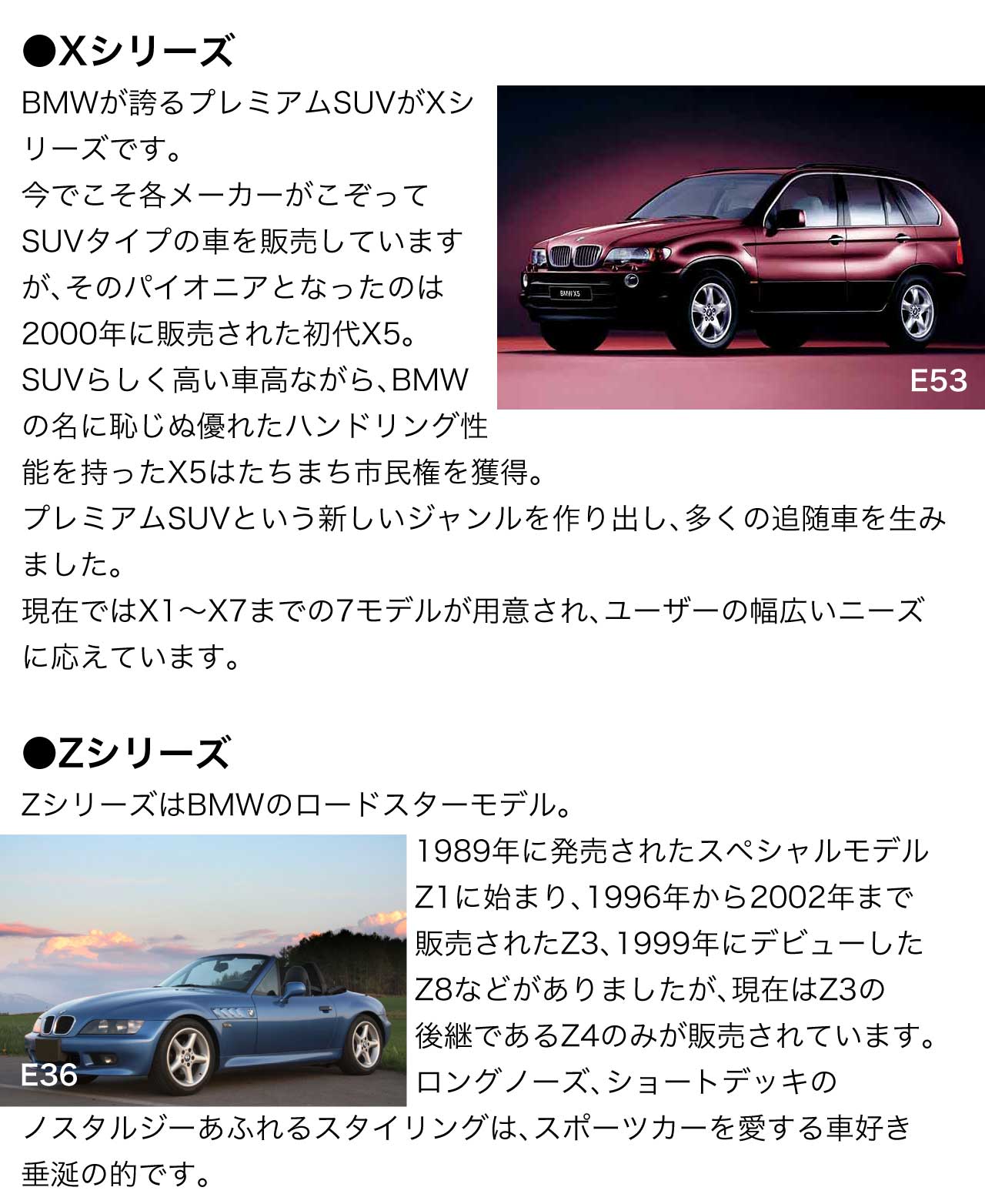 Xシリーズ BMWが誇るプレミアムSUVがXシリーズです。今でこそ各メーカーがこぞってSUVタイプの車を販売していますが、そのパイオニアとなったのは2000年に販売された初代X5。SUVらしく高い車高ながら、BMWの名に恥じぬ優れたハンドリング性能を持ったX5はたちまち市民権を獲得。プレミアムSUVという新しいジャンルを作り出し、多くの追随車を生みました。現在ではX1～X7までの7モデルが用意され、ユーザーの幅広いニーズに応えています。Zシリーズ ZシリーズはBMWのロードスターモデル。1989年に発売されたスペシャルモデルZ1に始まり、1996年から2002年まで販売されたZ3、1999年にデビューしたZ8などがありましたが、現在はZ3の後継であるZ4のみが販売されています。ロングノーズ、ショートデッキのノスタルジーあふれるスタイリングは、スポーツカーを愛する車好き垂涎の的です。