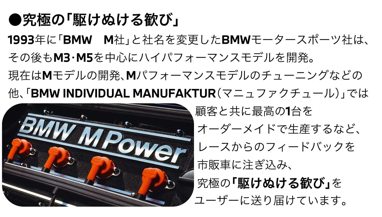 究極の「駆けぬける歓び」 1993年に「BMW　M社」と社名を変更したBMWモータースポーツ社は、その後もM3・M5を中心にハイパフォーマンスモデルを開発。現在はMモデルの開発、Mパフォーマンスモデルのチューニングなどの他、「BMW INDIVIDUAL MANUFAKTUR（マニュファクチュール）」では顧客と共に最高の1台をオーダーメイドで生産するなど、レースからのフィードバックを市販車に注ぎ込み、究極の「駆けぬける歓び」をユーザーに送り届けています。